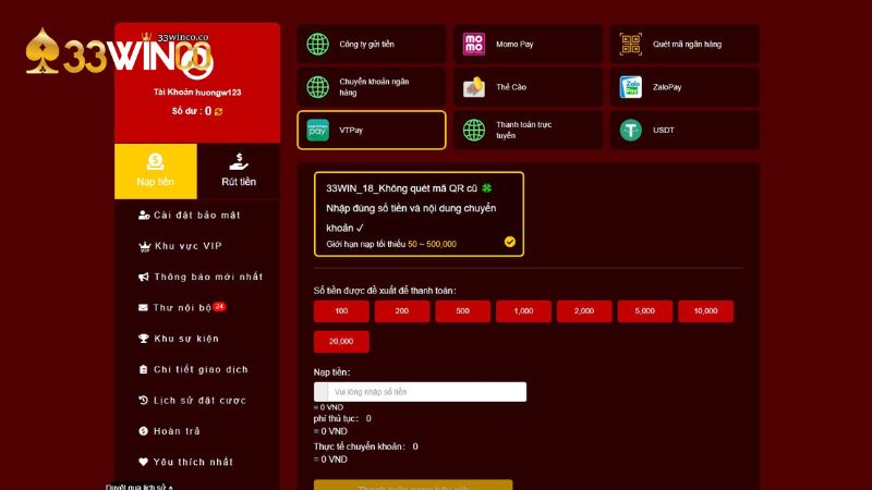 Chi tiết cách thực hiện nạp tiền tại 33Win